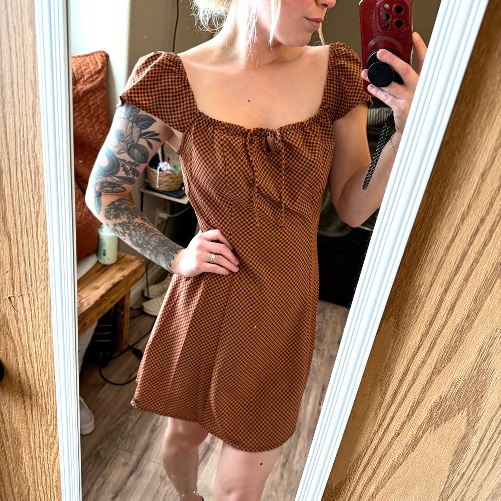 Levi's Brown Ruched Mini Gingham Skater Dress